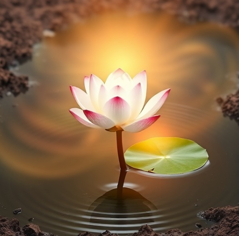 진흙 속 연못에서 고요하고 순수하게 피어나는 연꽃이 밝은 빛을 발하며, 주변에는 동양적인 평화와 지혜의 분위기가 감도는 삽화 스타일 이미지