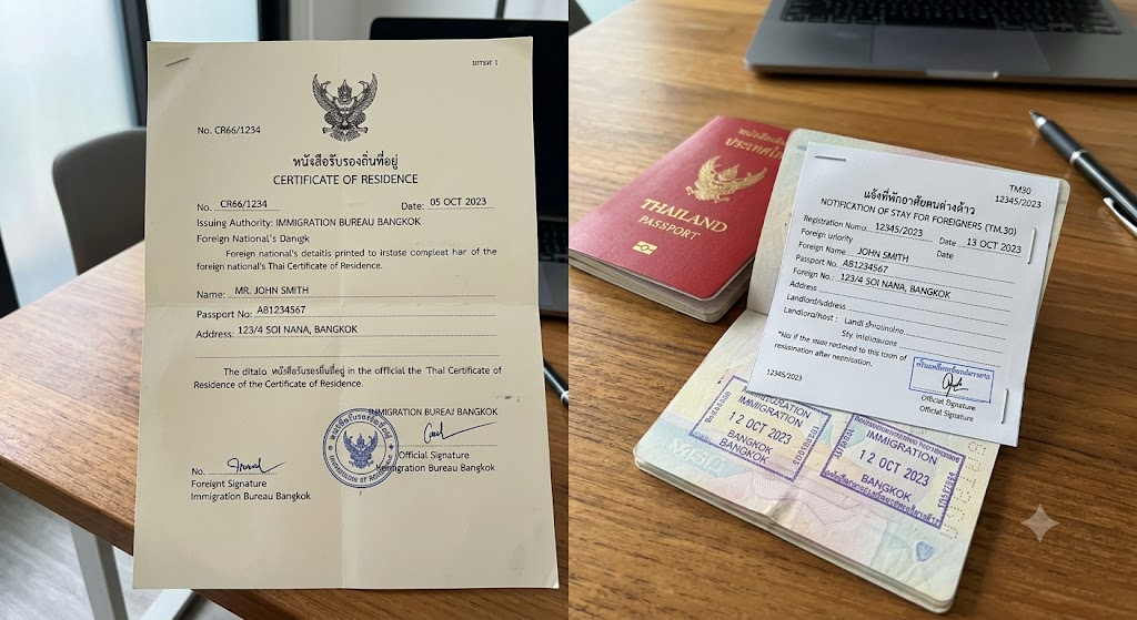 나란히 놓인 두 태국 이민 문서의 사진. 왼쪽은 A4 크기의 'CERTIFICATE OF RESIDENCE' 원본 문서로, Royal Garuda 엠블럼, 문서 번호, 날짜, 발급 기관, 가상의 이름 'MR. JOHN SMITH'의 개인 정보, 주소, 공식 스탬프 및 서명이 있습니다. 오른쪽은 태국 여권 내부에 두 개의 스테이플러로 고정된 작은 'TM30' Notification Slip 반쪽으로, 제목 'NOTIFICATION OF STAY FOR FOREIGNERS', 등록 번호, 날짜, 가상의 이름 'JOHN SMITH'의 개인 정보, 주소, Host 세부 정보가 포함되어 있습니다. 여권 페이지에는 2023년 입국 스탬프가 찍혀 있습니다.