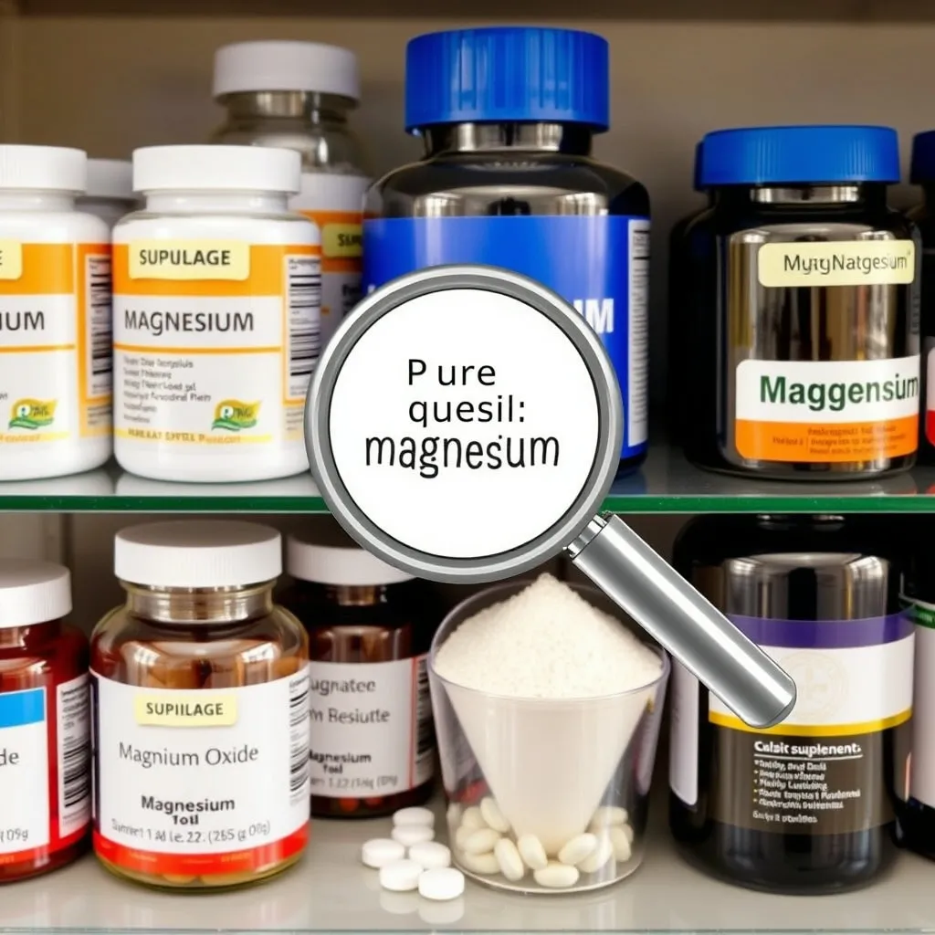 여러 종류의 마그네슘 보충제(알약, 분말 등)가 진열되어 있고, 그 중 일부에는 '산화마그네슘', '구연산마그네슘' 등 형태별 라벨이 부착되어 있습니다. '순수 마그네슘 함량 확인'이라는 돋보기 아이콘이 강조되어, 보충제 선택 시 용량을 꼼꼼히 확인해야 함을 나타냅니다.