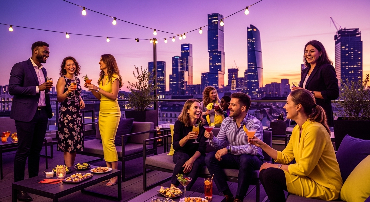 도심 야경이 보이는 루프탑에서 MZ세대 직장인들이 캐주얼하게 송년회를 즐기는 모습