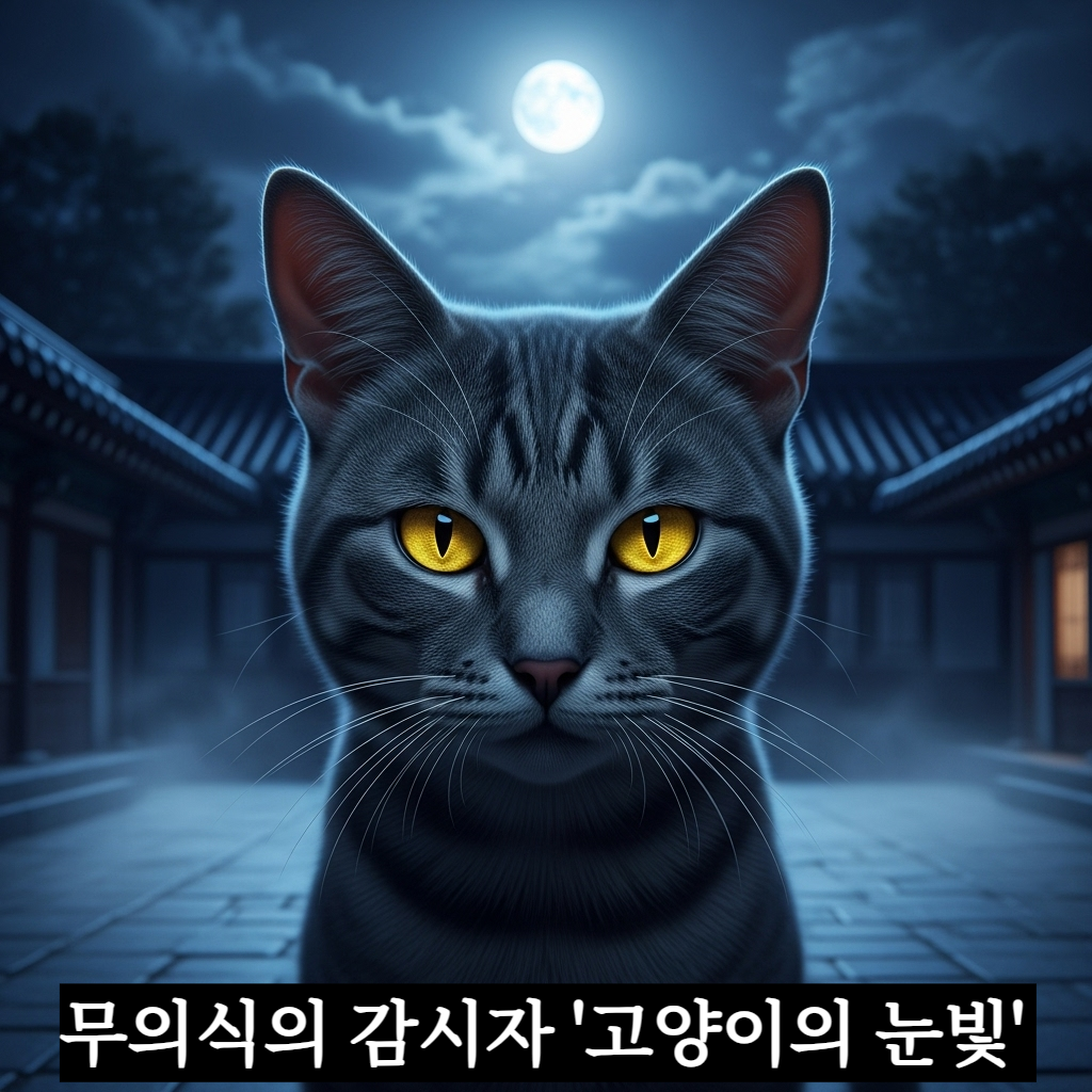 어두운 밤 달빛이 비치는 전통 정원에서 신비로운 노란 눈을 빛내며 정면을 빤히 응시하는 한국 토종 고양이의 장엄하고 몽환적인 분위기의 일러스트
