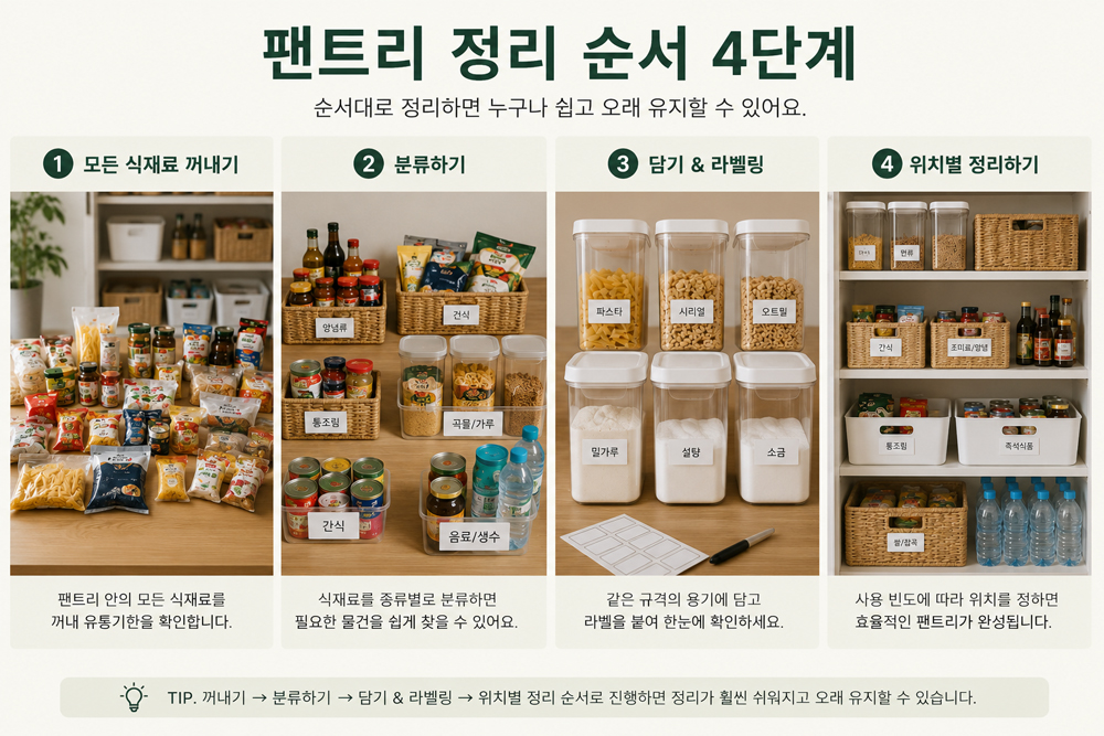 팬트리 정리 순서를 단계별로 보여주는 이미지. 식재료 꺼내기, 분류하기, 같은 규격의 밀폐용기에 담아 라벨 붙이기, 위치별로 정리하는 과정을 한눈에 정리한 팬트리 수납 가이드.
