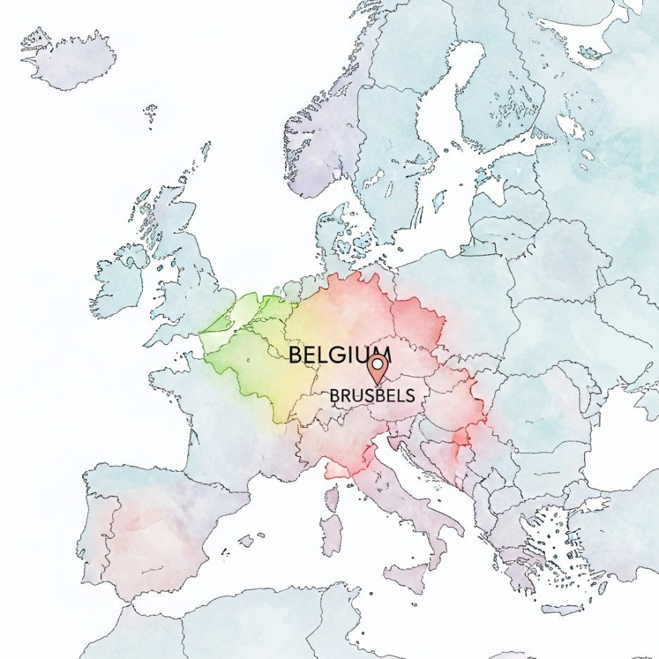 브뤼셀의 위치를 표시한 은은한 유럽 지도