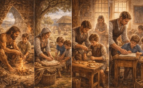 역할과 책임을 나누기 위해 어른과 아이를 구분하기 시작한 장면을 보여주는 사진입니다.