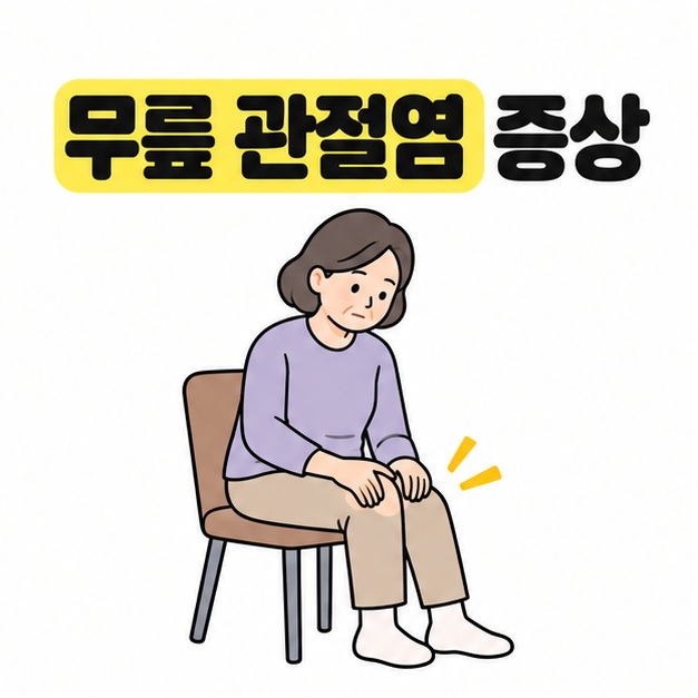 무릎 관절염 증상 제목 아래 의자에 앉아 무릎에 손을 가볍게 얹은 사람을 배치한 대표 이미지