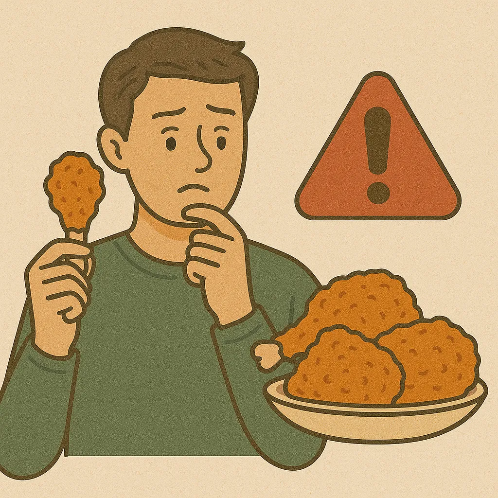 치킨의-껍질이-건강에-미치는-영향을-표현한-일러스트로,-남성이-치킨-껍질을-들고-걱정스러운-표정을-짓는-모습과-경고-상징이-함께-묘사됨.