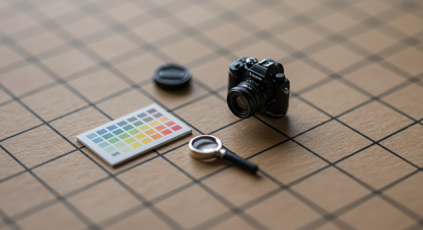 작은 카메라·렌즈캡·색차트·돋보기를 틸트쉬프트로 배열한 팁 아이콘