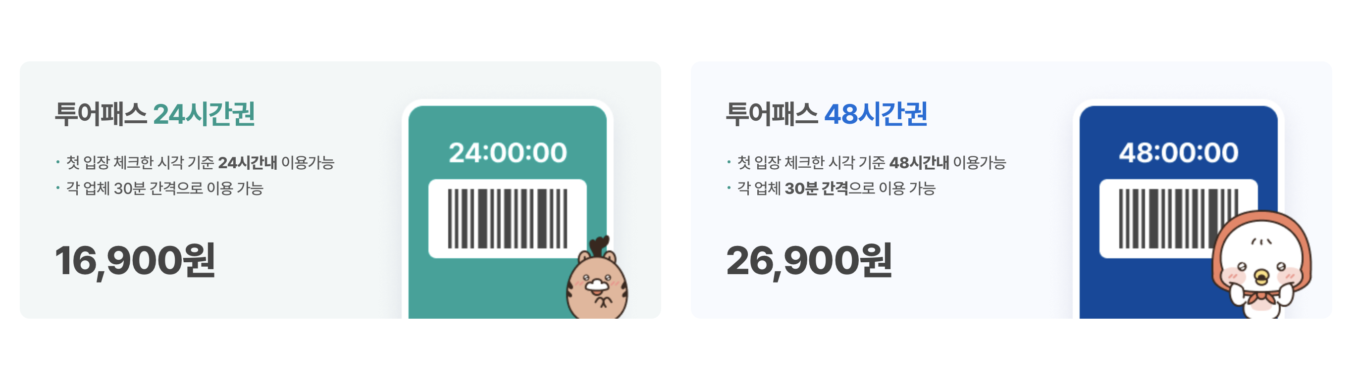 충남 투어패스 24시간 48시간 가격 비교 (출처: 충남방문의 해 홈페이지)