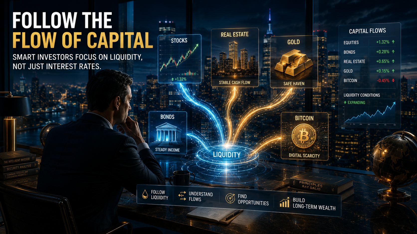 Long-term investor following capital flows across stocks bonds gold and Bitcoin markets