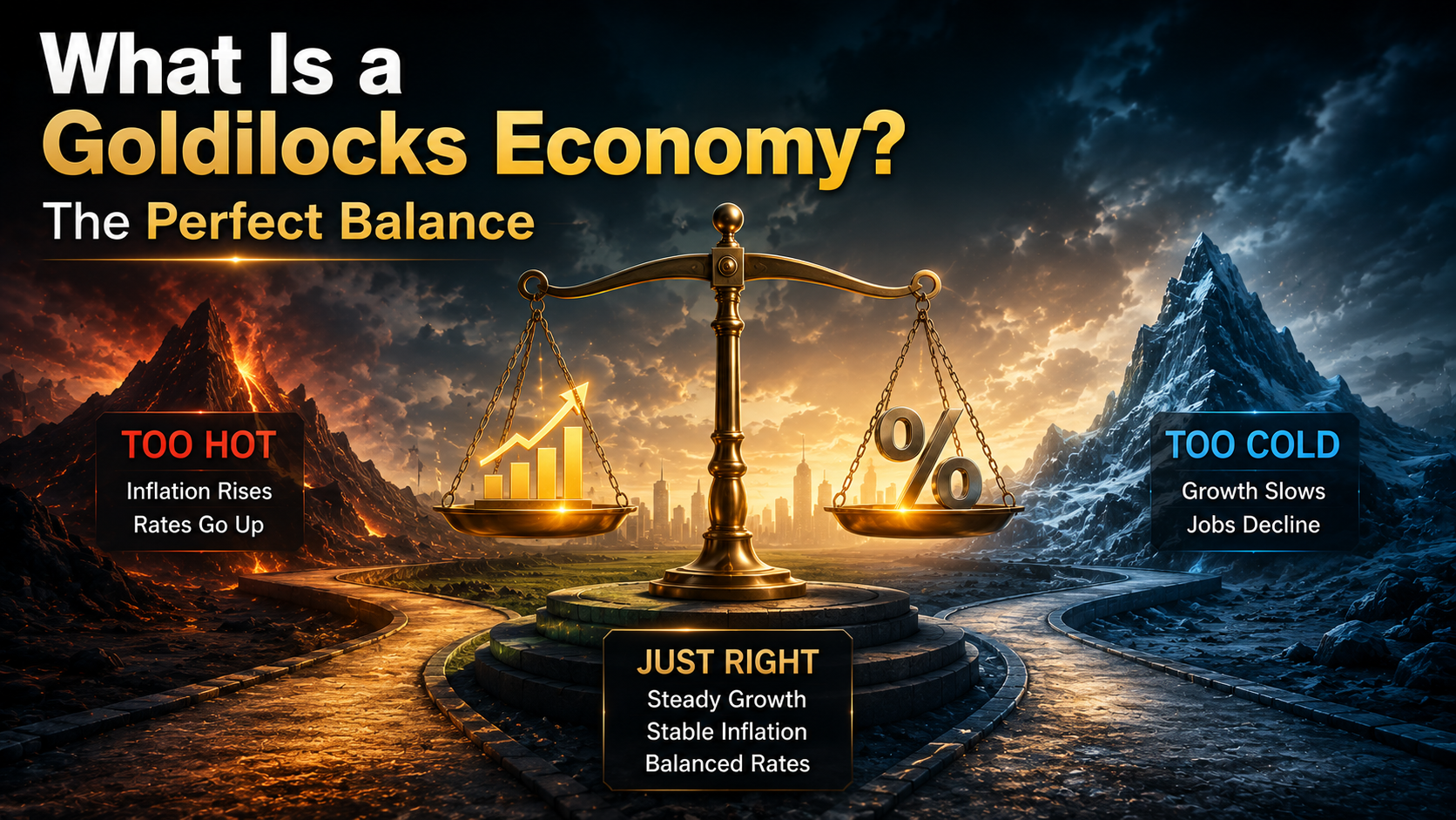 Goldilocks economy balancing steady economic growth, stable inflation, and interest rates between overheating and recession