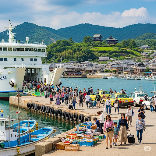 대마도 배편 입항 하는 모습