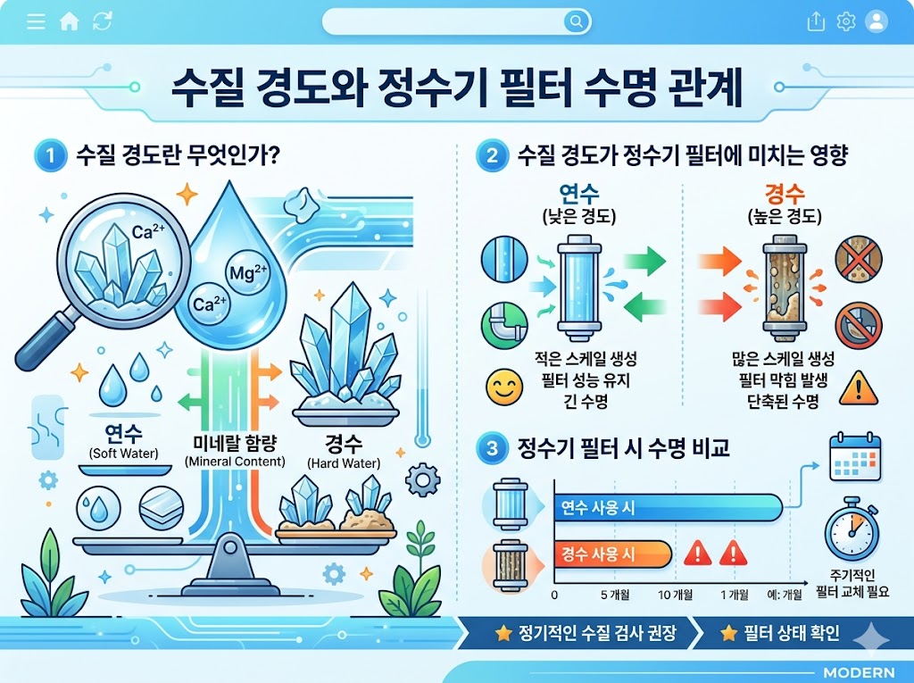 수질 경도와 정수기 필터 수명 관계 인포그래픽 이미지