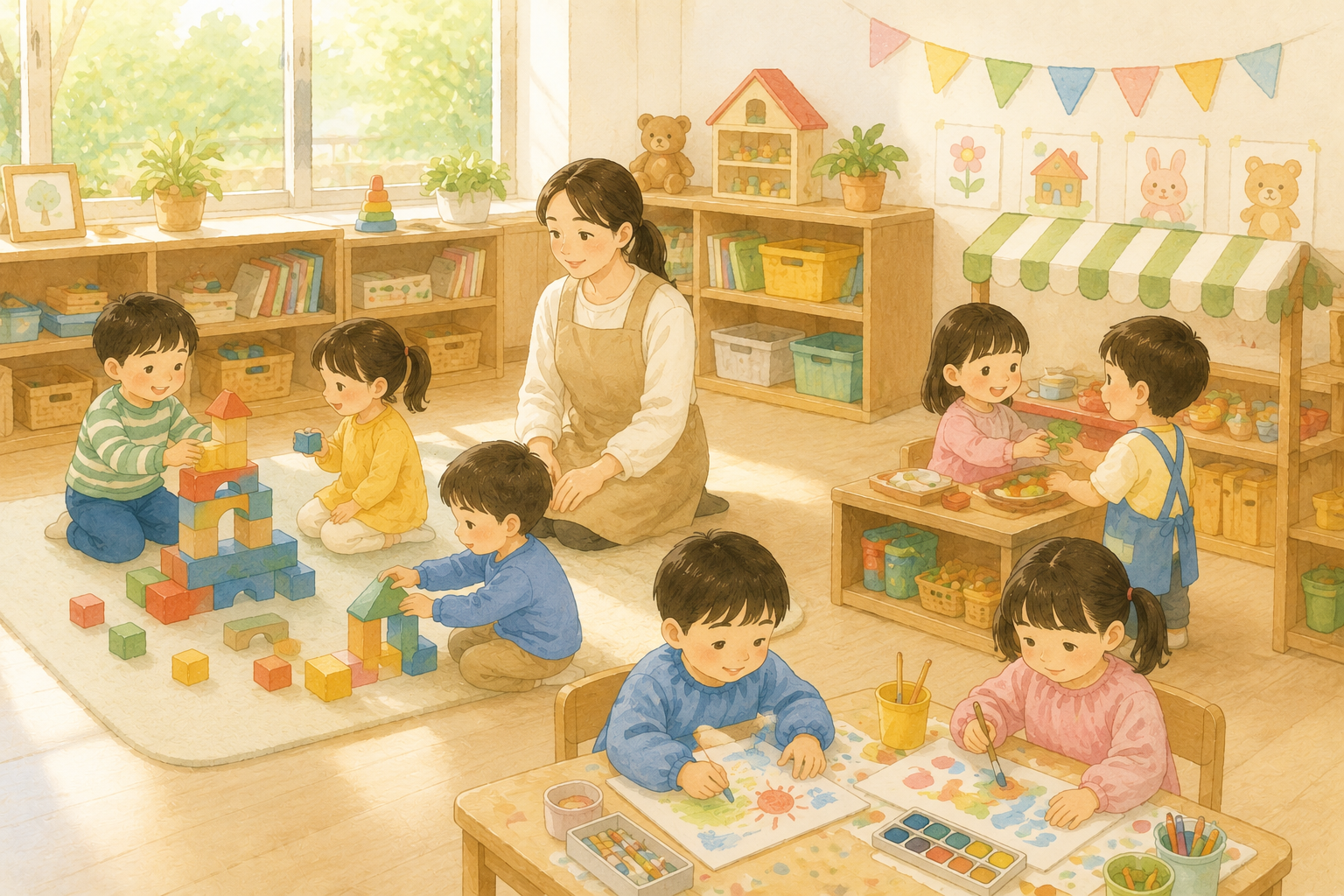 아이들이 놀고 있는 유치원 교실