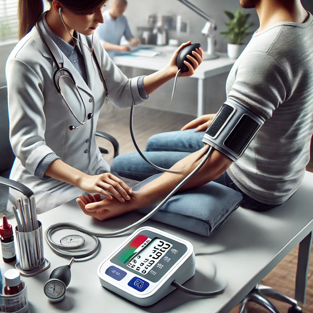 건강검진 중 간호사가 혈압을 측정하는 장면. 간호사가 혈압 커프를 환자의 팔에 감고 모니터를 확인하고 있으며, 환자는 편안하게 앉아 있습니다. 진료실에는 체온계와 혈압 측정기 같은 의료 도구가 보이며, 깨끗하고 정돈된 분위기입니다.