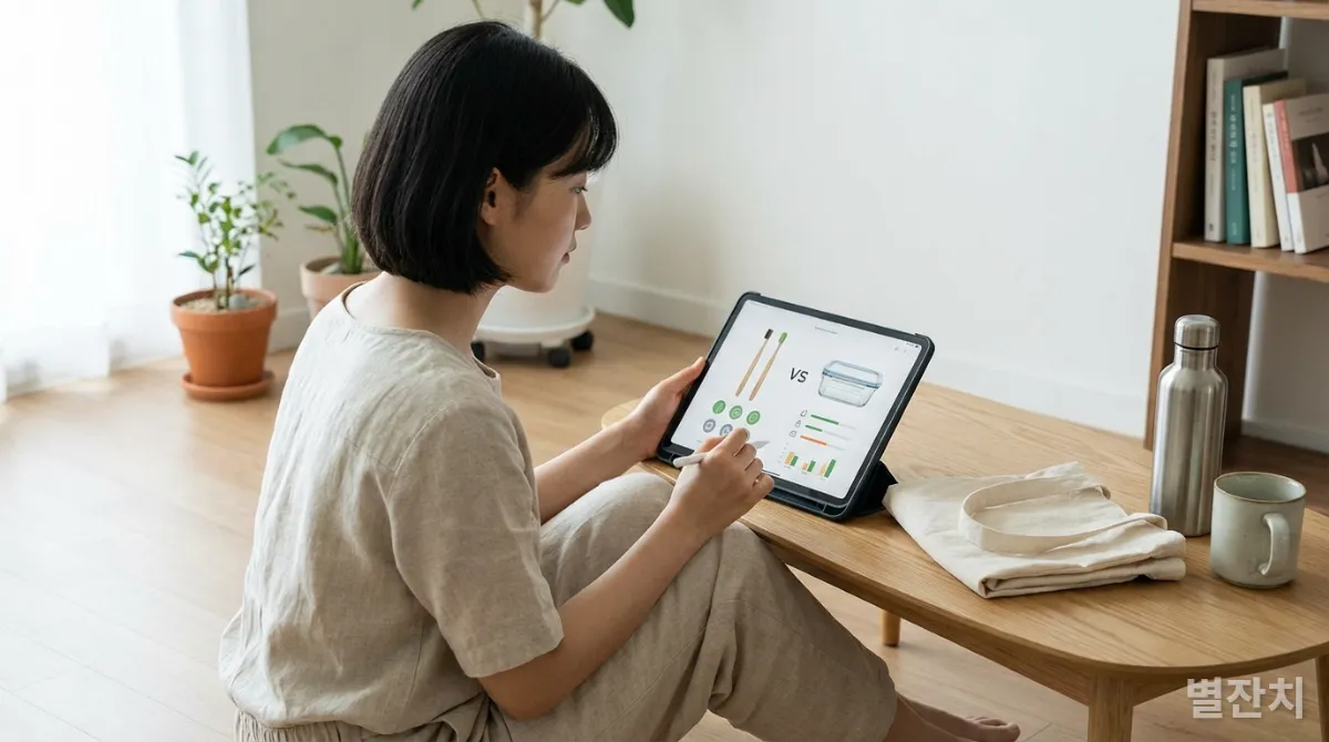 집에서 친환경 제품을 비교하며 현명하게 소비하는 한국 여성