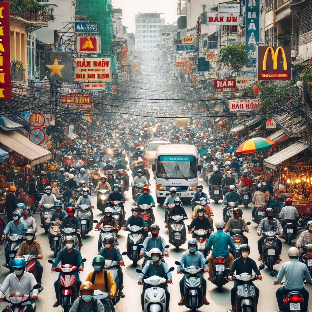 혼잡한 베트남 거리에서 오토바이가 가득한 풍경