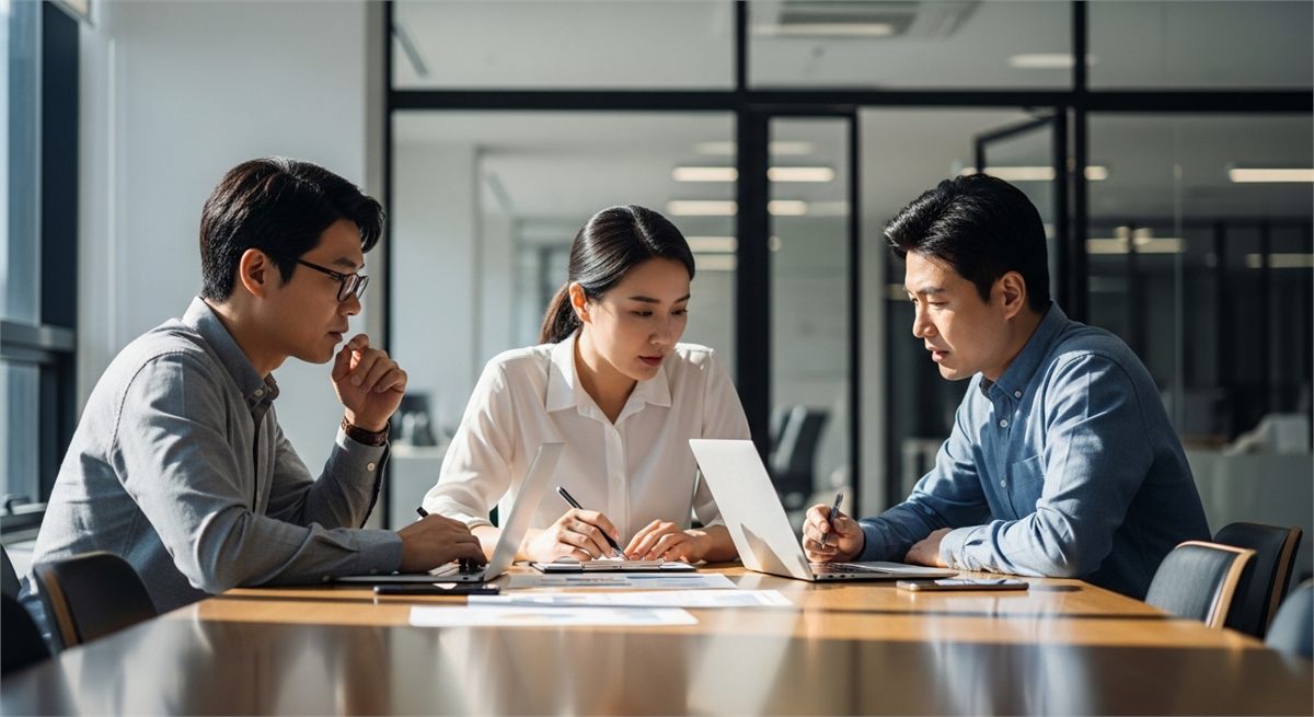 한국 투자자들이 사무실에서 반도체 업황을 논의하는 모습 