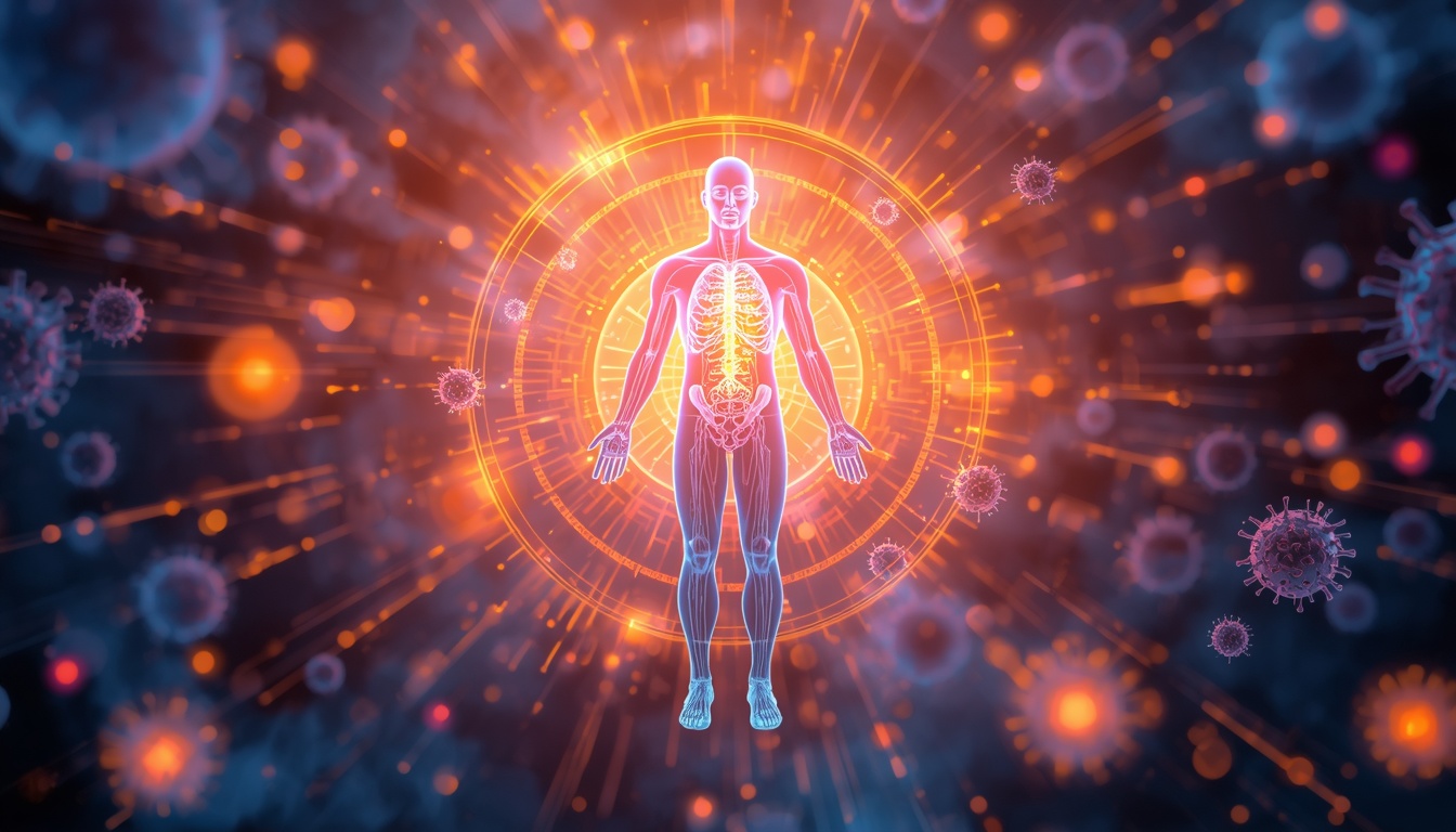 Artistic illustration of a healthy human silhouette surrounded by a glowing protective biological immune shield.