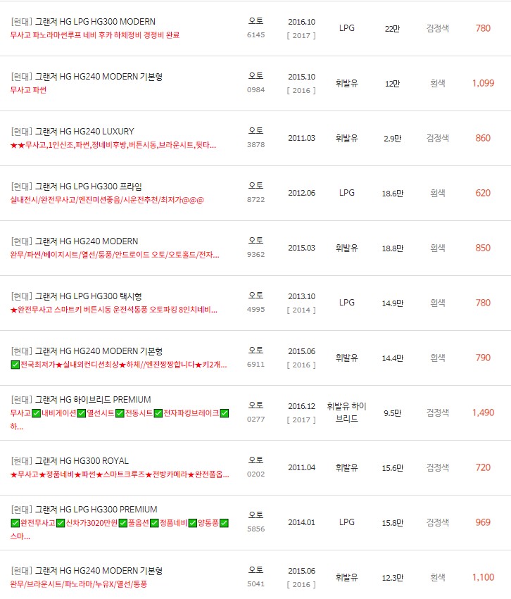 그랜저HG 중고차 시세 : 270만원~1,790만원