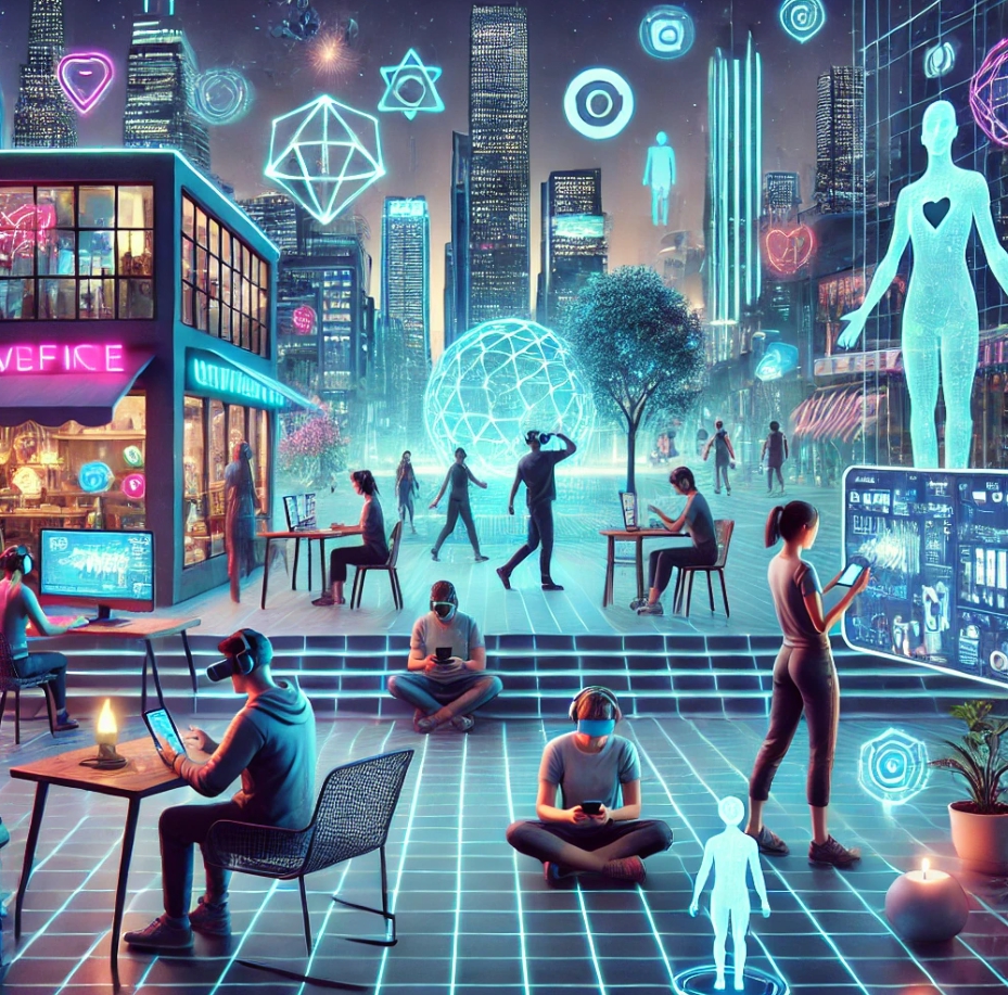 메타버스가 일상에 그대로 적용되었다. 사람들이 VR안경을 착용하고 다닌다.