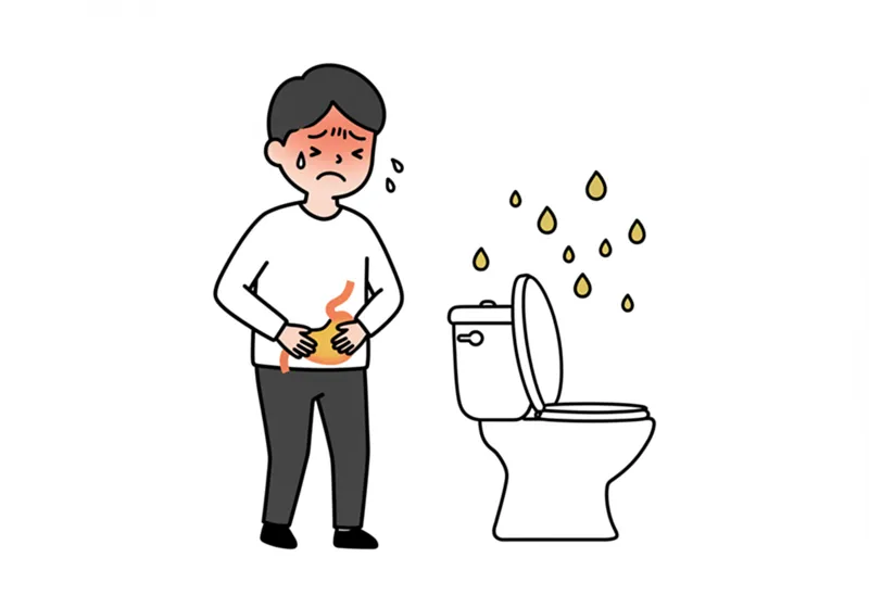 당황스러운 표정으로 배를 움켜쥔 사람과 화장실 변기 아이콘을 함께 보여주는 일러스트.