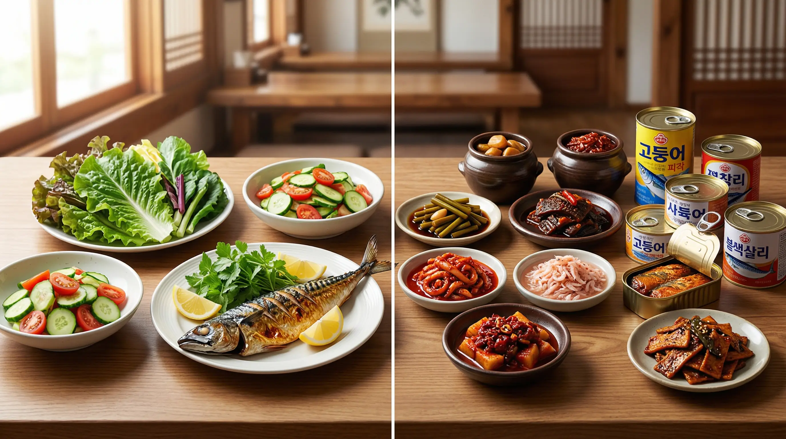 신선한 반찬과 나트륨 높은 절임 반찬이 비교된 이미지