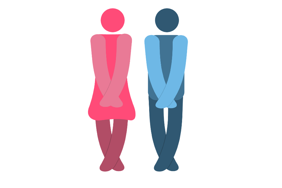 붉은 색의 여성과 파랑 색의 남성이 양쪽 손으로 자신의 음부를 가리며 소변불통을 호소하고 있는 것을 그린 그림 사진