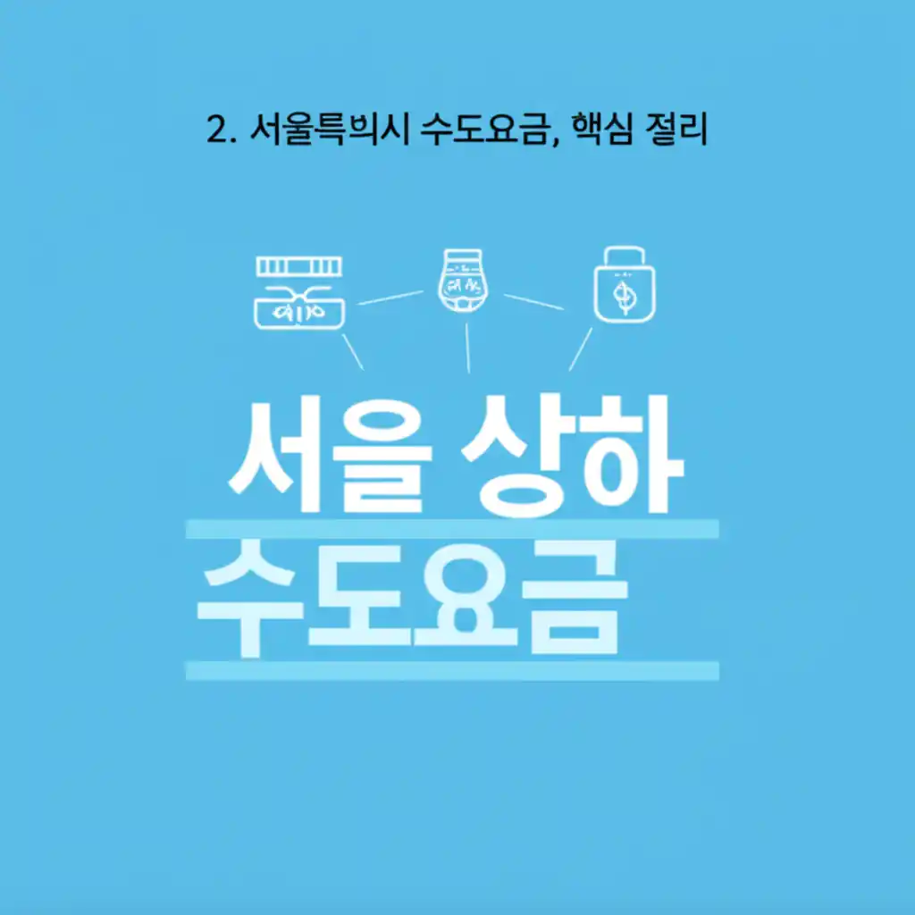 서울특별시 수도요금의 핵심 내용을 정리한 그래픽. 서울 상하수도 요금 정보를 구체적으로 보여줍니다.
