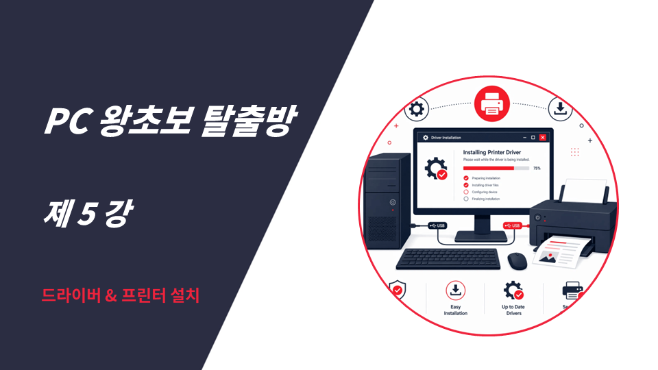 PC 왕초보 탈출방 제 5강 드라이버 및 프린터 설치 메인 타이틀 화면. 컴퓨터 본체, 모니터, 키보드, 마우스와 함께 프린터 드라이버 설치 중인 컴퓨터 화면