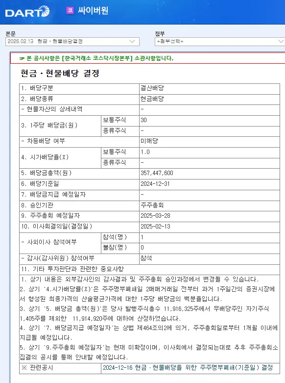 싸이버원(356890) 2025년 배당