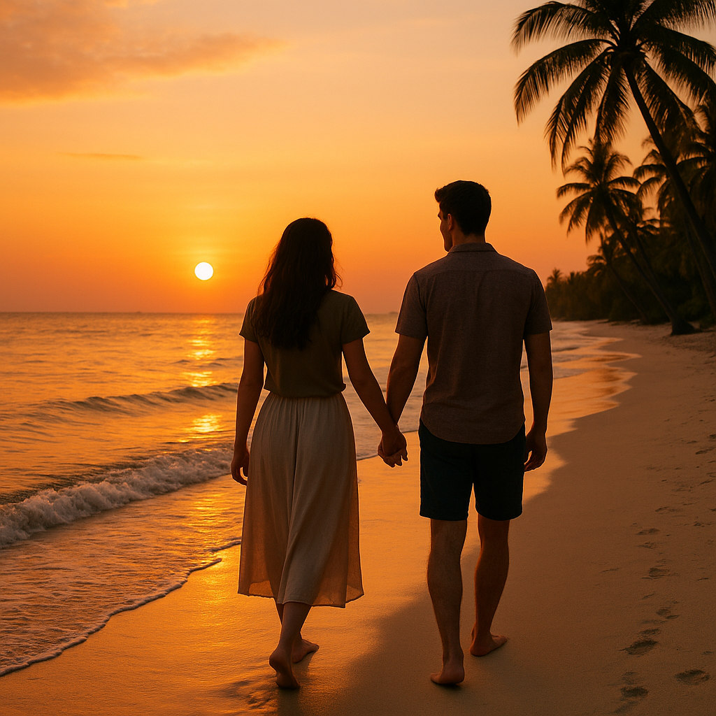 따스한 노을빛이 비치는 한적한 열대 해변을 손을 맞잡고 거니는 커플의 뒷모습