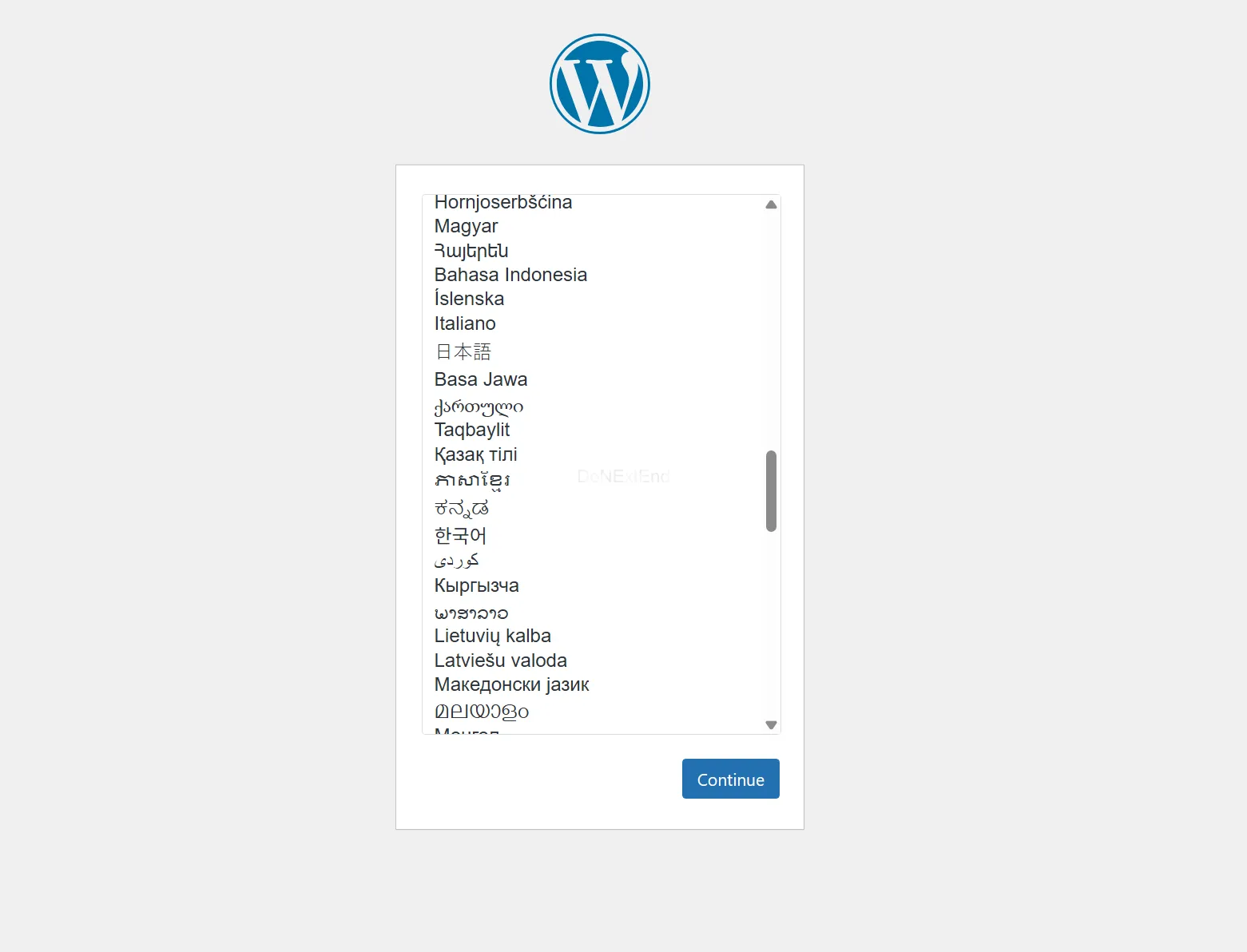 워드프레스 설치 마법사가 띄어진 모습