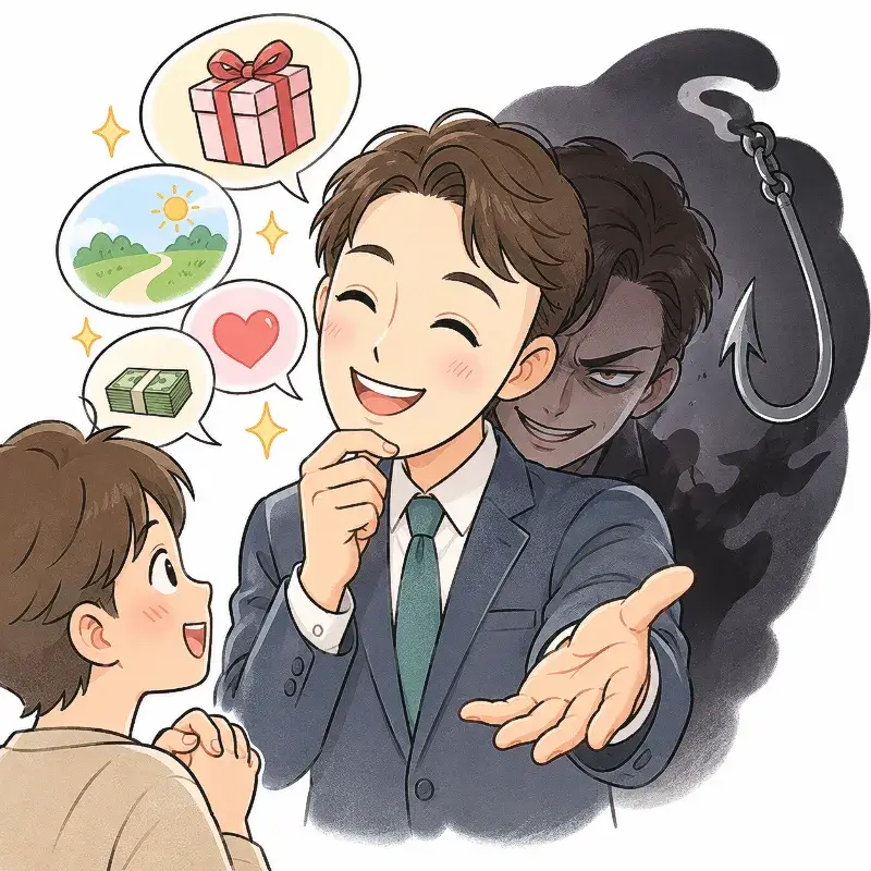 Illustration of a smiling man making tempting promises of gifts, money, love, and a bright future while a sinister shadow and fishing hook reveal a hidden trap.