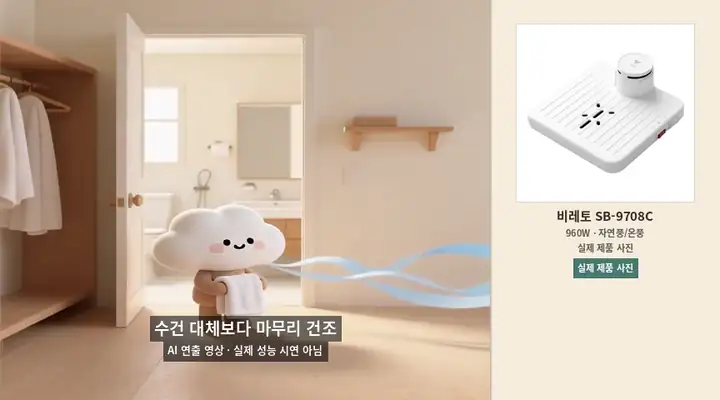 수건과 바람 건조를 비교하는 구름 캐릭터와 비레토 SB-9708C 실제 제품 사진을 보여주는 AI 연출 애니메이션
