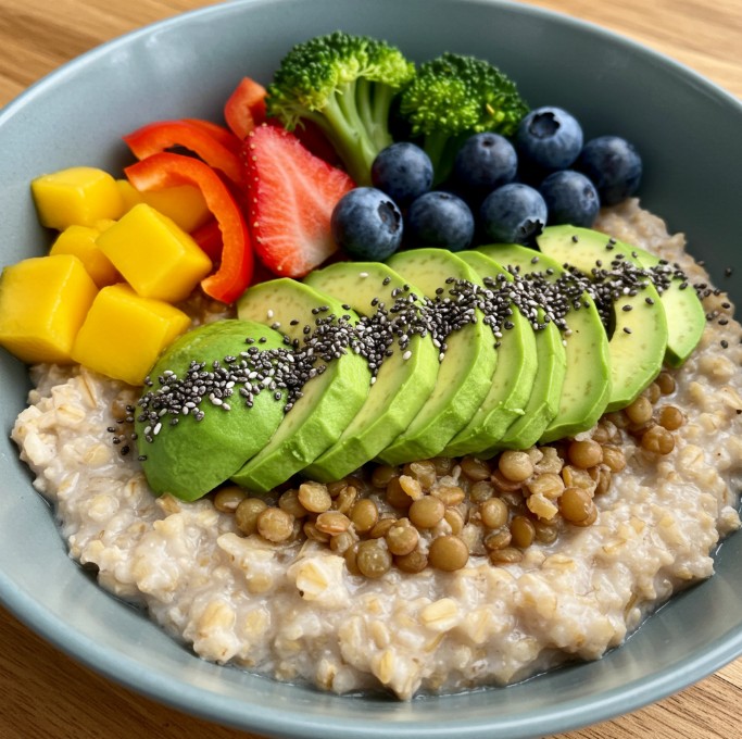 아보카도, 치아씨드, 렌틸콩이 들어간 오트밀에 유기농 과일과 채소