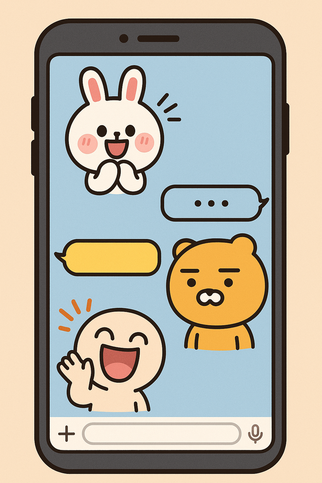 스마트폰 메신저에서 토끼 캐릭터가 이모티콘을 사용해 대화하는 장면을 담은 2D 디지털 일러스트 이미지