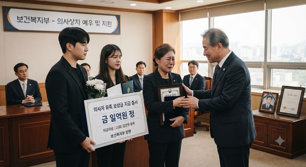 의사자의 유족이 지원금을 받고 울고 있는 모습