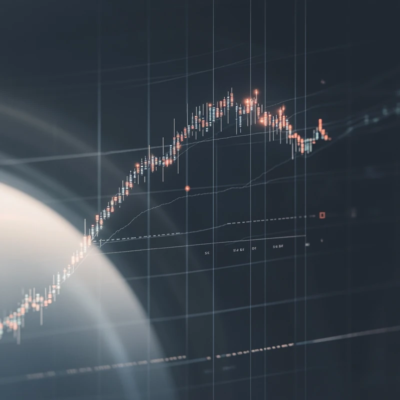 S&P500 지수의 성장 궤적을 애니메이션 차트로 표현, 활기차고 명확한 시장 성장의 역동성과 낙관주의를 담은 미래형 디지털 미학