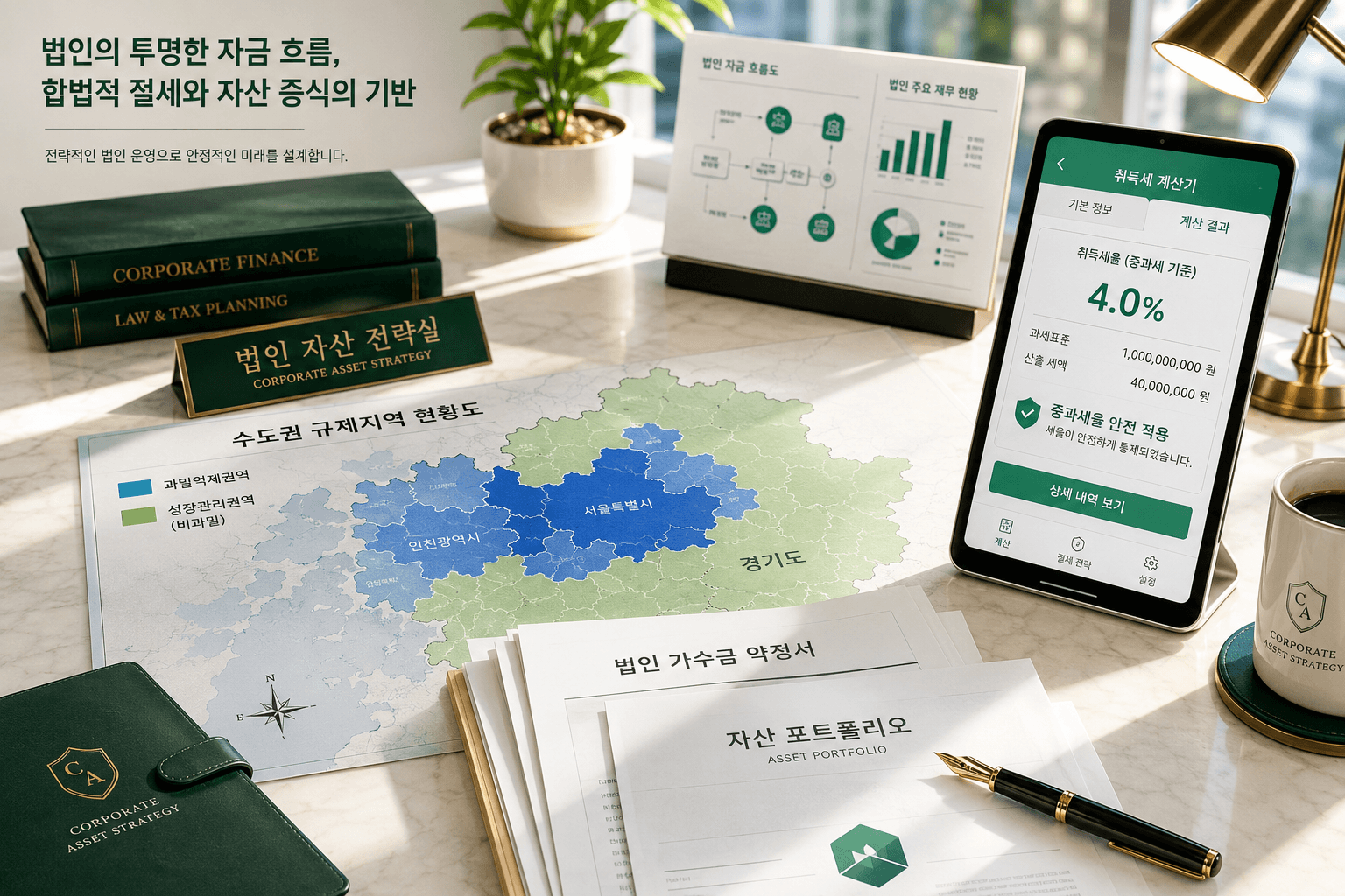 법인의 자금 흐름을 보여주는 금융 장부와 수도권 지역 규제 지도가 깔끔하게 정리된 스마트한 자산가 스튜디오 환경이미지
