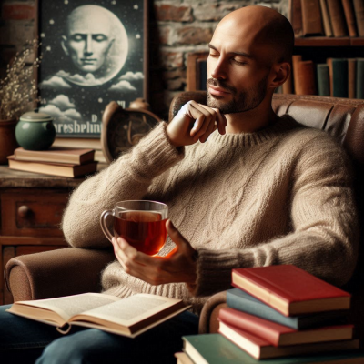 "책 더미 속에서 차를 마시는 남성"