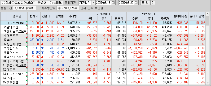 주간 코스닥 기관/외국인 동일 순매수