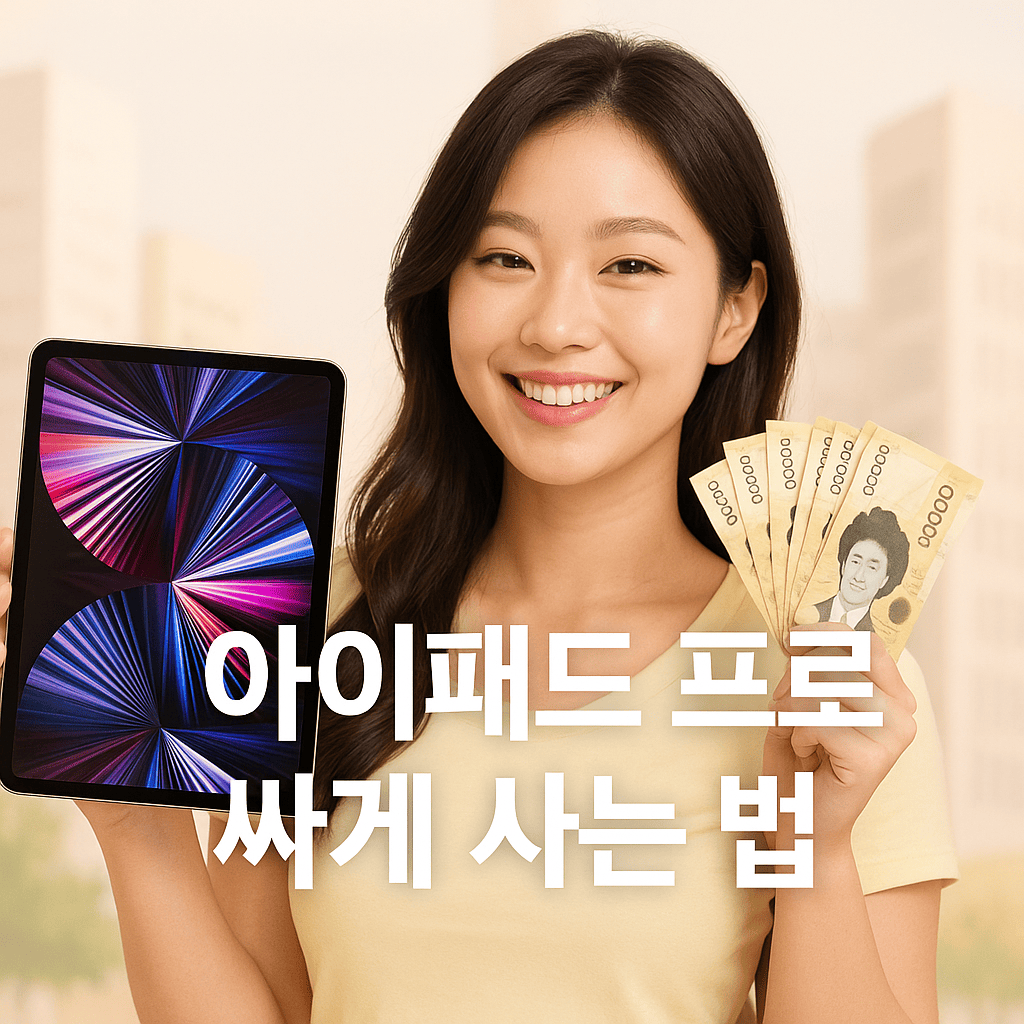 아이패드-프로-싸게-사는-법-밝은-노란-티셔츠-입은-한국인-여성-한손엔-화려한-화면의-아이패드-프로-다른손엔-5만원권-현금-펼쳐-들고-밝게-웃는-표정-부드럽고-은은한-톤의-추상화된-건물-배경-중앙-텍스트-아이패드-프로-싸게-사는-법