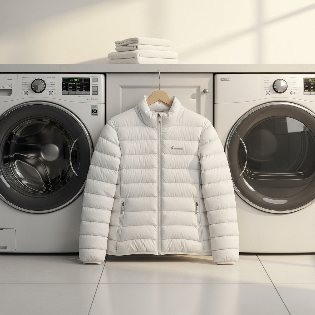 빵빵함이 되살아난 경량패딩과 세탁/건조기의 이미지 조합