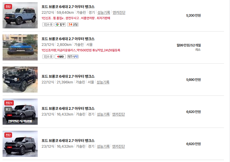 포드 브롱코 중고차 가격 시세표 유지비