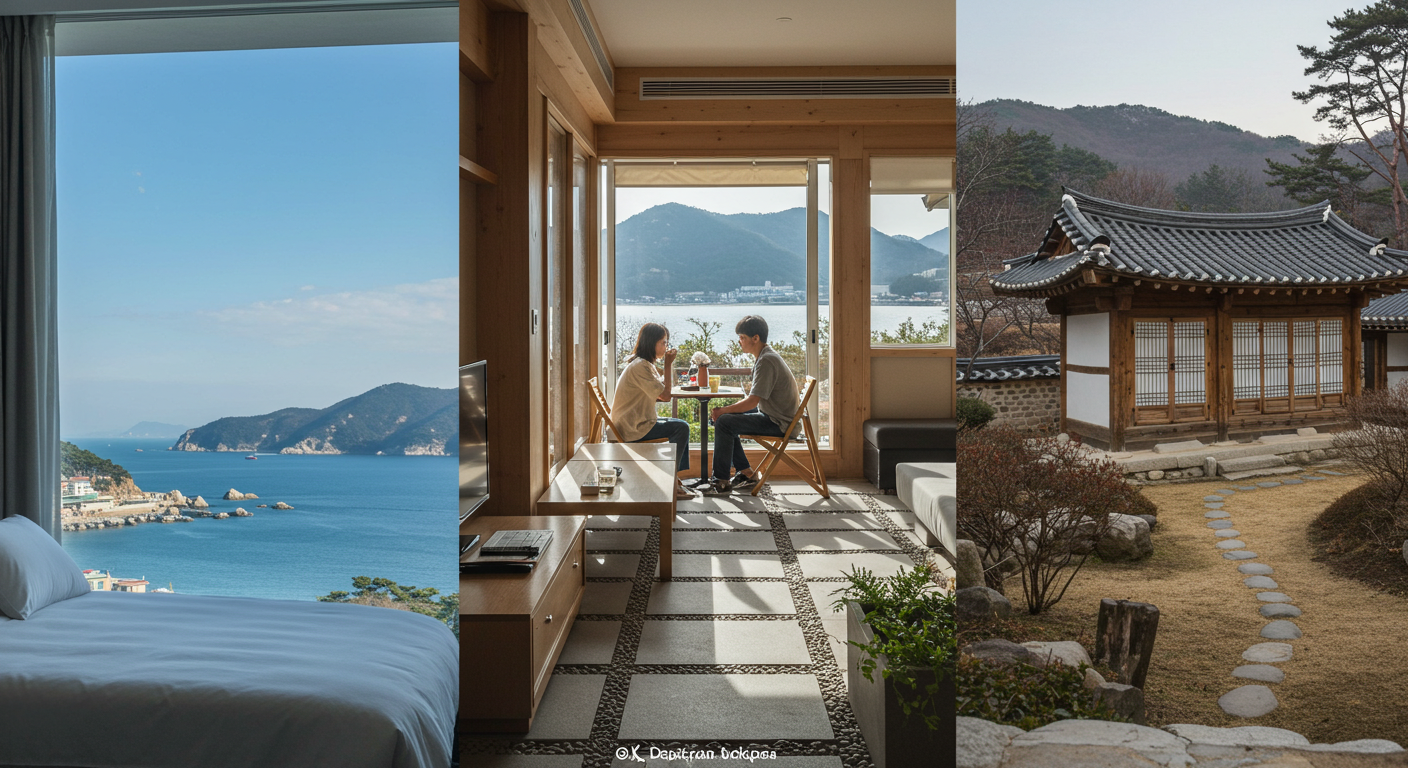 바다뷰 호텔, 감성 펜션, 전통 한옥스테이를 보여주는 강원도 숙소 이미지.