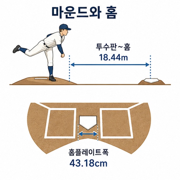 투수판에서 홈플레이트까지 18.44m, 홈플레이트 폭은 43.18cm라는 마운드와 홈의 주요 규격을 설명한 그림