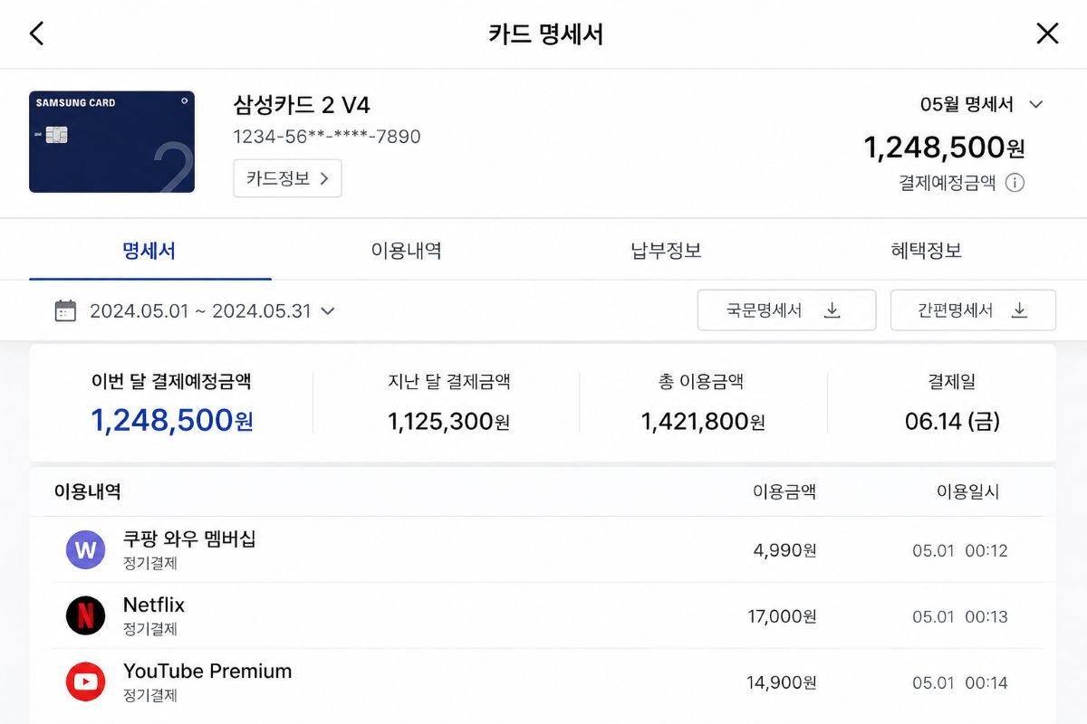 카드 명세서 정기결제 내역