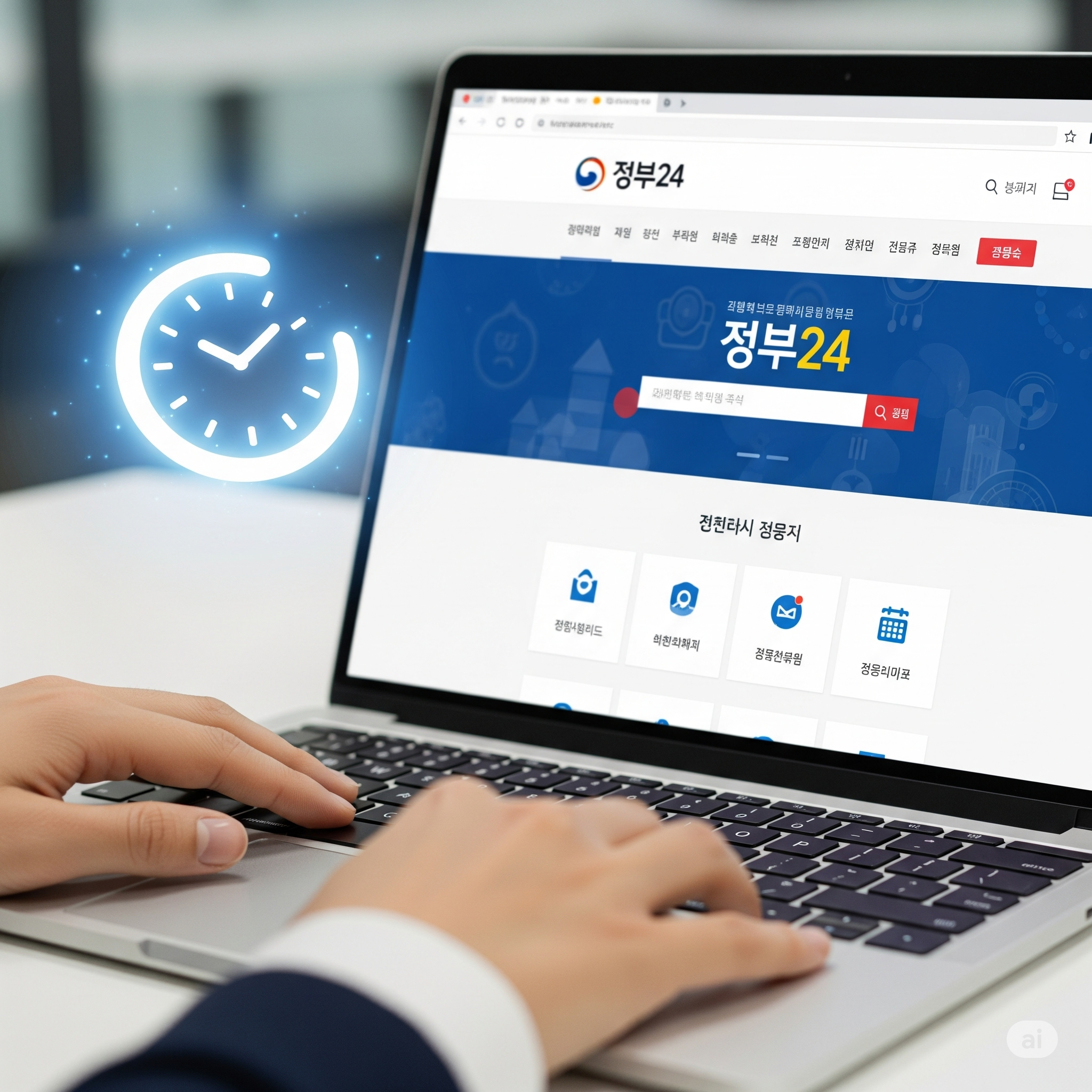 노트북 화면에 '정부24' 로고가 보이고, 한 사람이 마우스를 클릭하며 서류를 발급받는 모습. 시간 절약을 상징하는 시계 아이콘이 옆에 떠 있음.