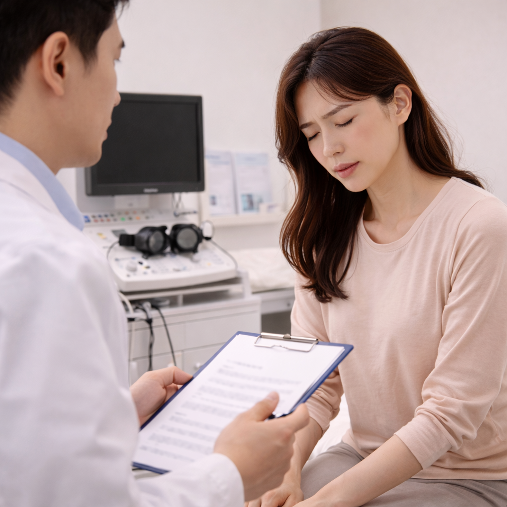 이석증 의심으로 병원에서 전정 검사(체위 검사)를 받는 분위기를 표현한 이미지