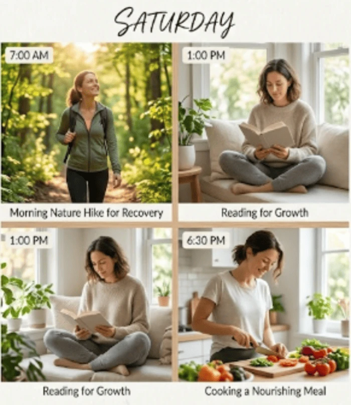 산책하는 모습, 독서하는 모습, 요리하는 모습이 4분할로 구성된 주말 루틴 이미지와 균형 잡힌 주말 스케줄이 적힌 플래너